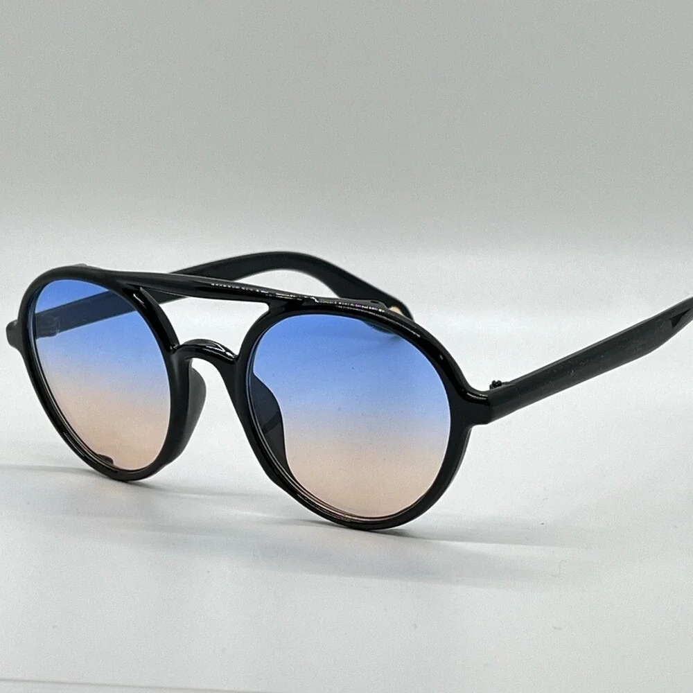 Round Sunglasses Blue Gradient Lens Black Frame Mens Fashion Trendy Lentes Gafas